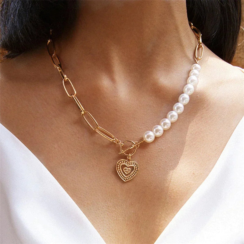Gold Heart Chain Necklace with Pearl Accents