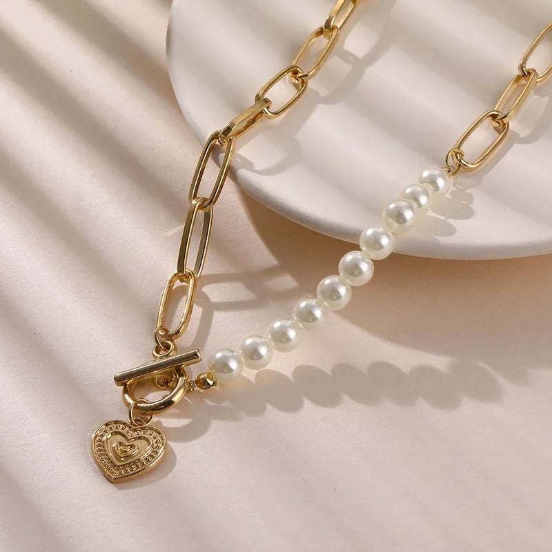 Gold Heart Chain Necklace with Pearl Accents