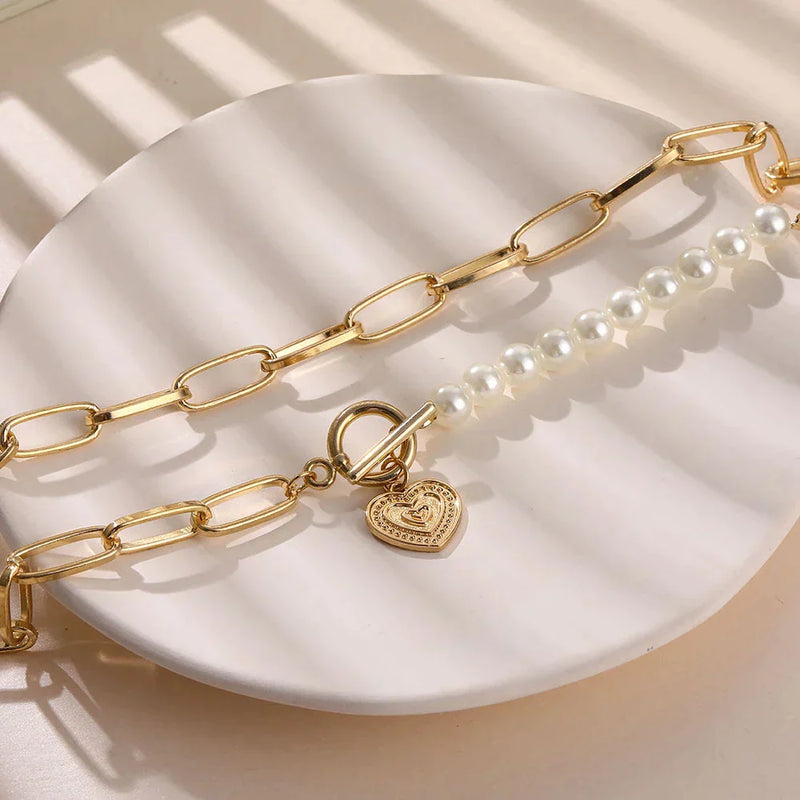 Gold Heart Chain Necklace with Pearl Accents