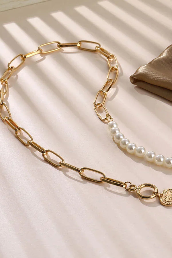 Gold Heart Chain Necklace with Pearl Accents