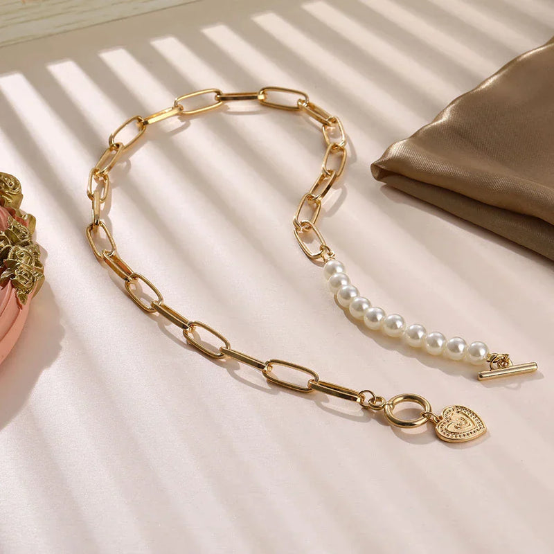 Gold Heart Chain Necklace with Pearl Accents