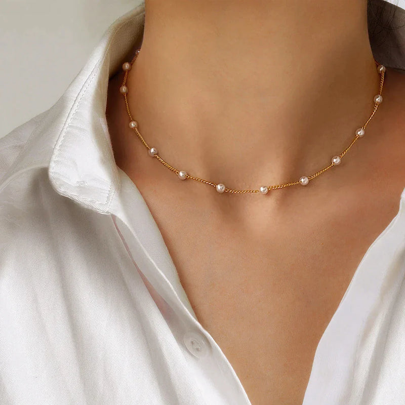 Gold Necklace with Delicate Small Pearls