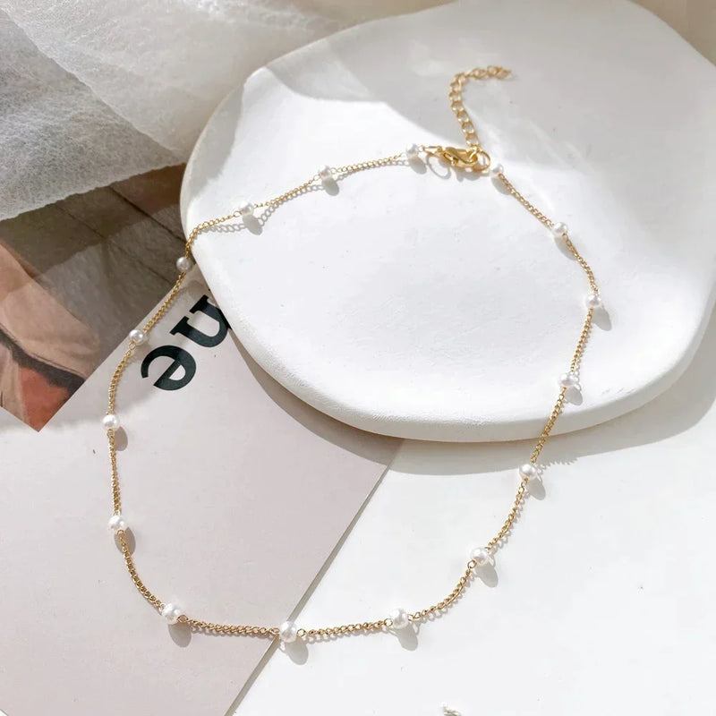 Gold Necklace with Delicate Small Pearls