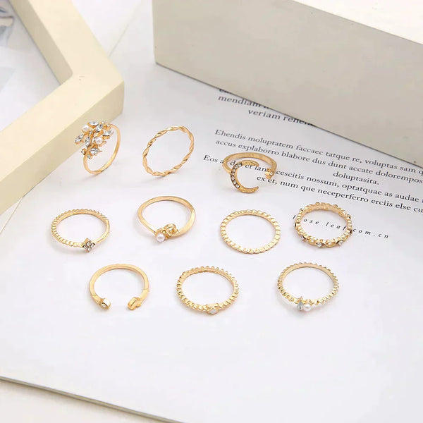 Bohemian Silver and Gold Ring Set - 10 Pairs