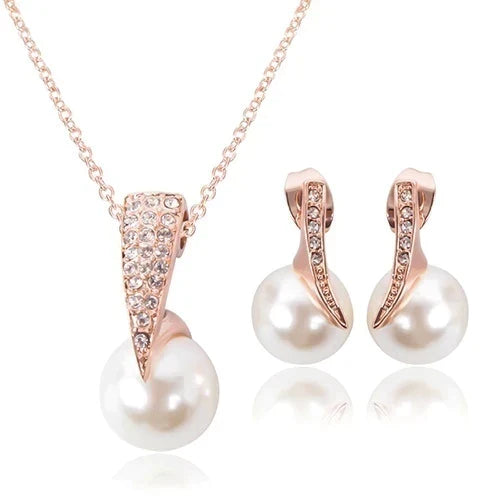 Rose Gold Pearl Necklace and Earring Set