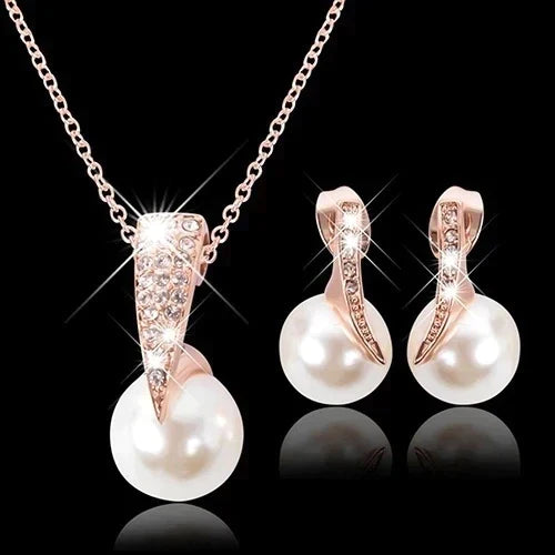 Rose Gold Pearl Necklace and Earring Set