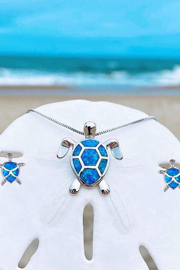 Opal and Silver Sea Turtle Necklace and Earring Set
