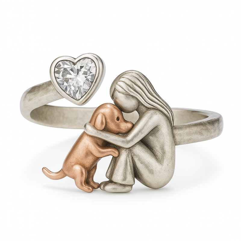 Adjustable Handcrafted Silver Dog Ring Featuring Heart-Shaped Zirconia