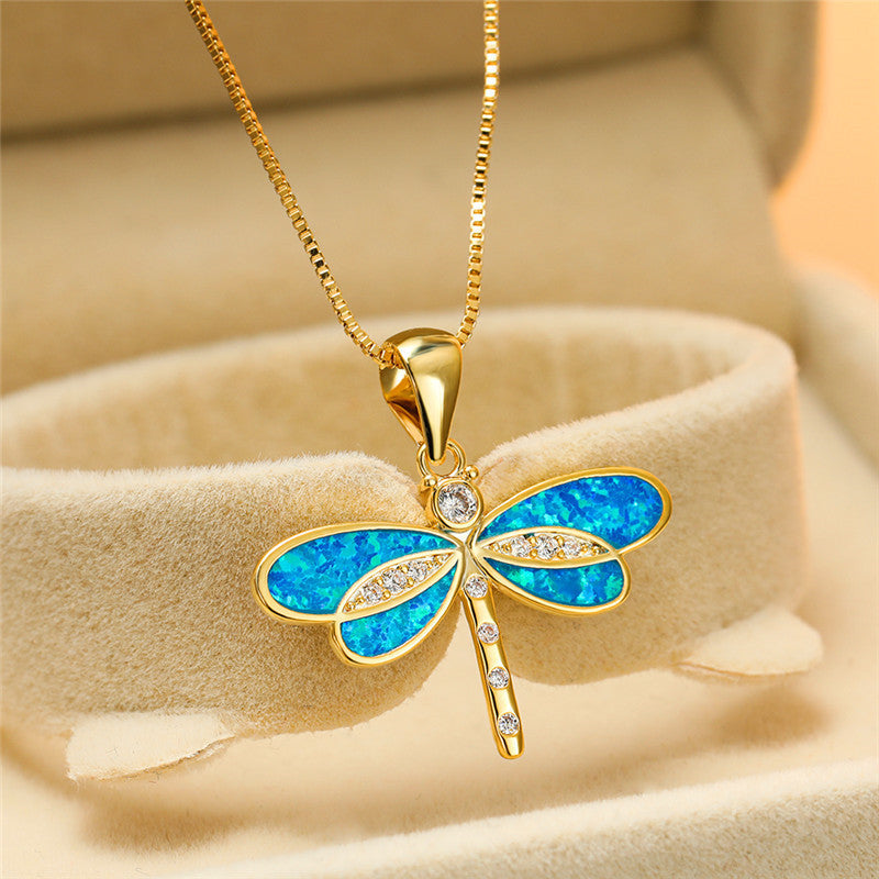 Opal-Embellished Dragonfly Gold Necklace