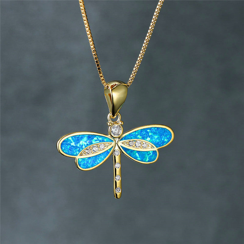 Opal-Embellished Dragonfly Gold Necklace