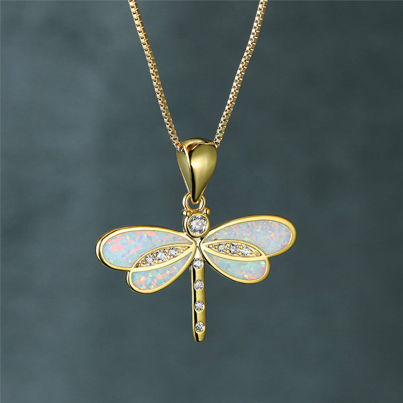 Opal-Embellished Dragonfly Gold Necklace