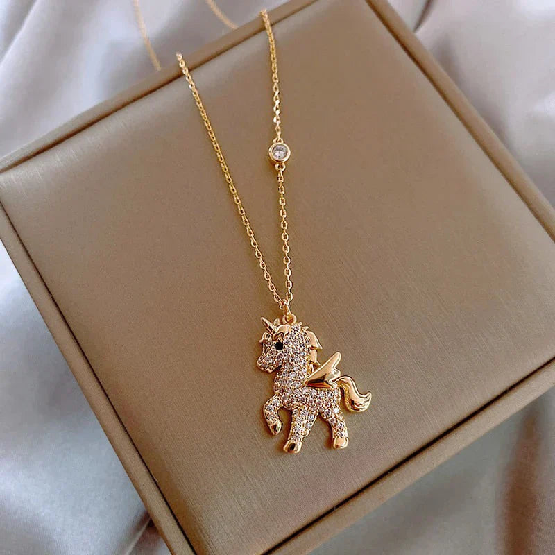 Zirconia-Embellished Gold Unicorn Necklace