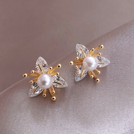 Floral Earrings with Pearl and Crystal Accents