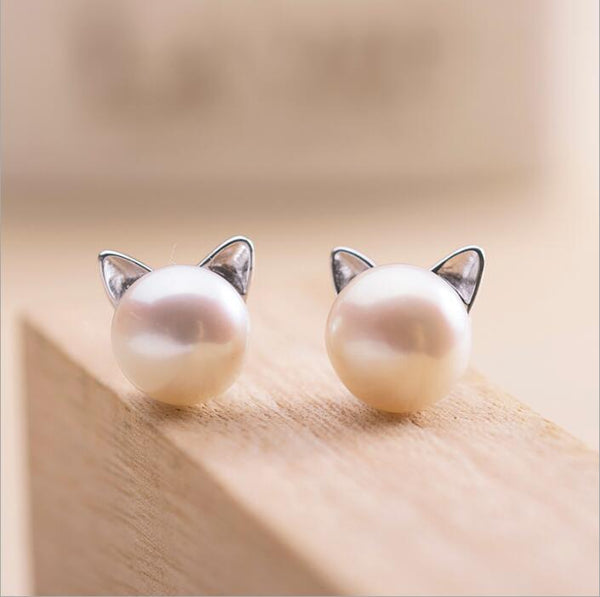 Kitten Earrings Featuring Cultured Pearls and Silver Accents