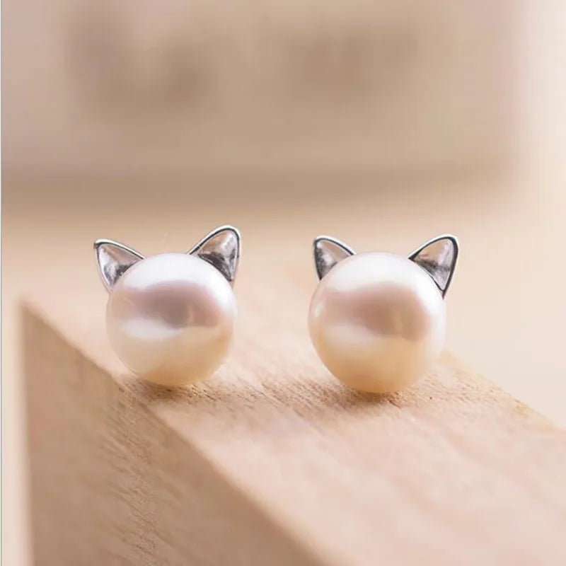 Sterling Silver Cat-Themed Pearl Stud Earrings