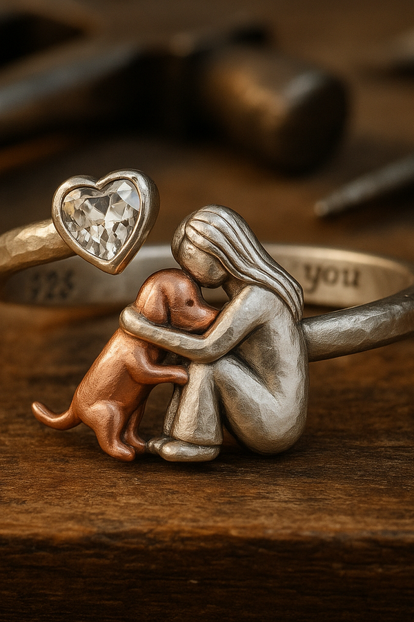Adjustable Handcrafted Silver Dog Ring Featuring Heart-Shaped Zirconia