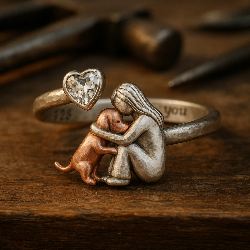 Adjustable Handcrafted Silver Dog Ring Featuring Heart-Shaped Zirconia