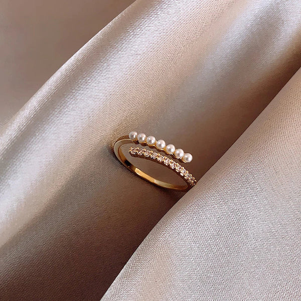 Gold Adjustable Luxury Ring Adorned with Pearls and Zirconia
