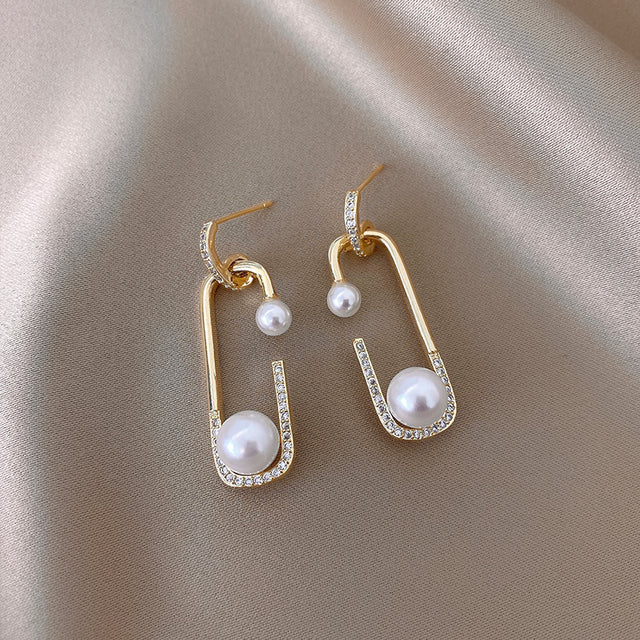 Gold Clip Earrings with Pearl and Zirconia Accents