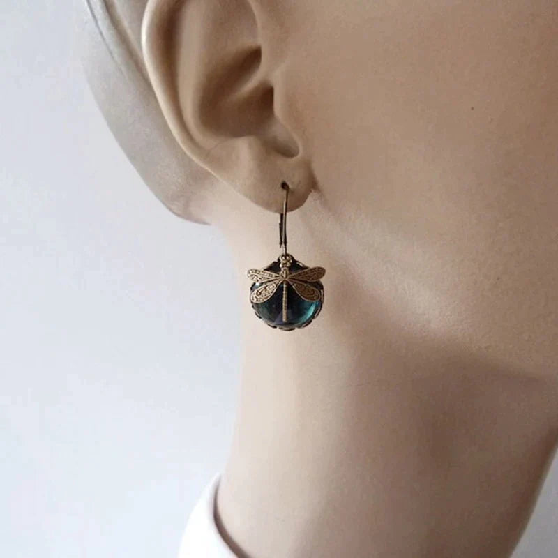 Antique Gold Spherical Dragonfly Earrings