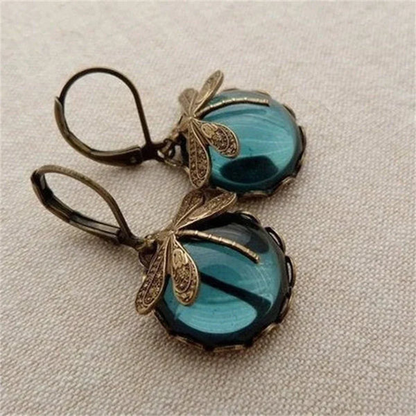 Antique Gold Spherical Dragonfly Earrings