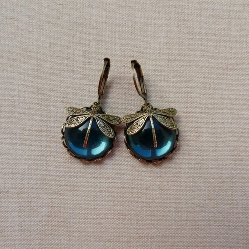Antique Gold Spherical Dragonfly Earrings