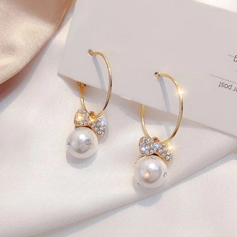Gold Earrings with Pearl and Cubic Zirconia Accents