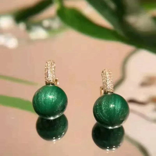 Gold Earrings with Green Pearls and Zirconia Accents