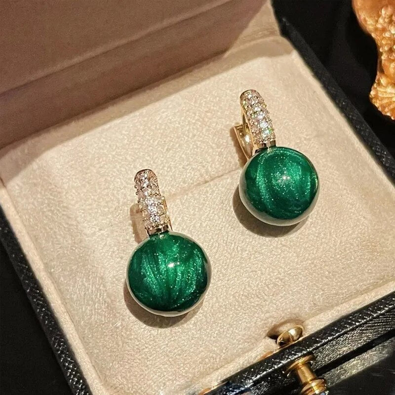 Gold Earrings with Green Pearls and Zirconia Accents