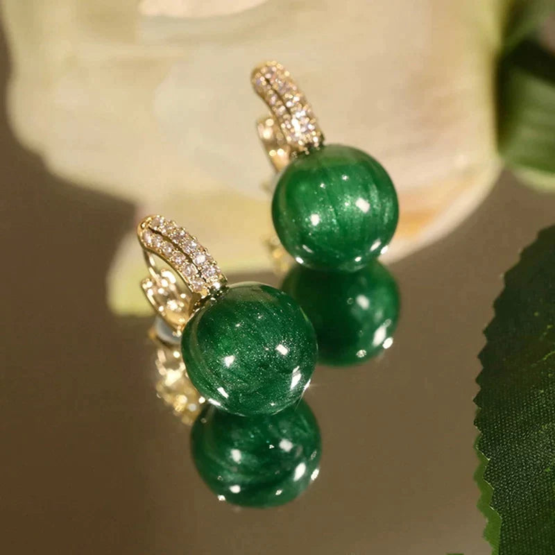 Gold Earrings with Green Pearls and Zirconia Accents