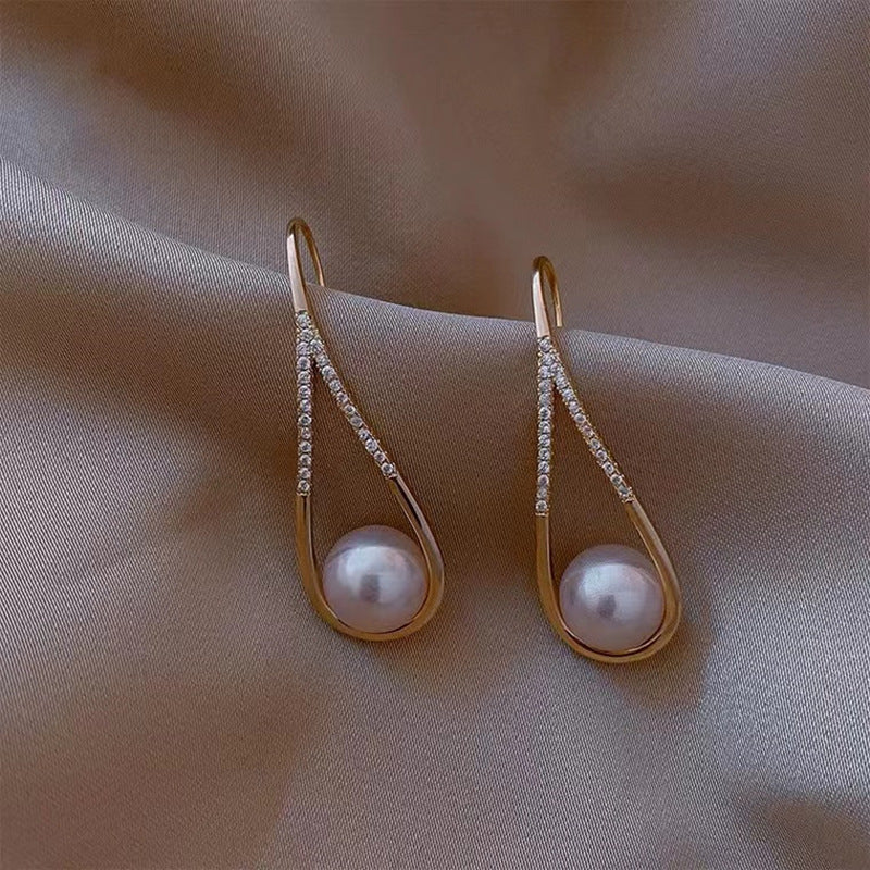 Gold Pendant Earrings with Pearl and Zirconia Accents