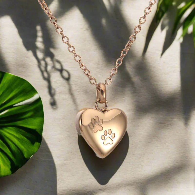 Heart-Shaped Pet Memorial Urn Necklace with Engraved Paw Print
