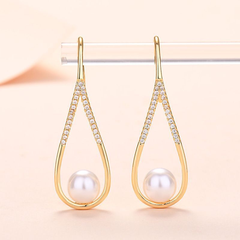 Gold Pendant Earrings with Pearl and Zirconia Accents