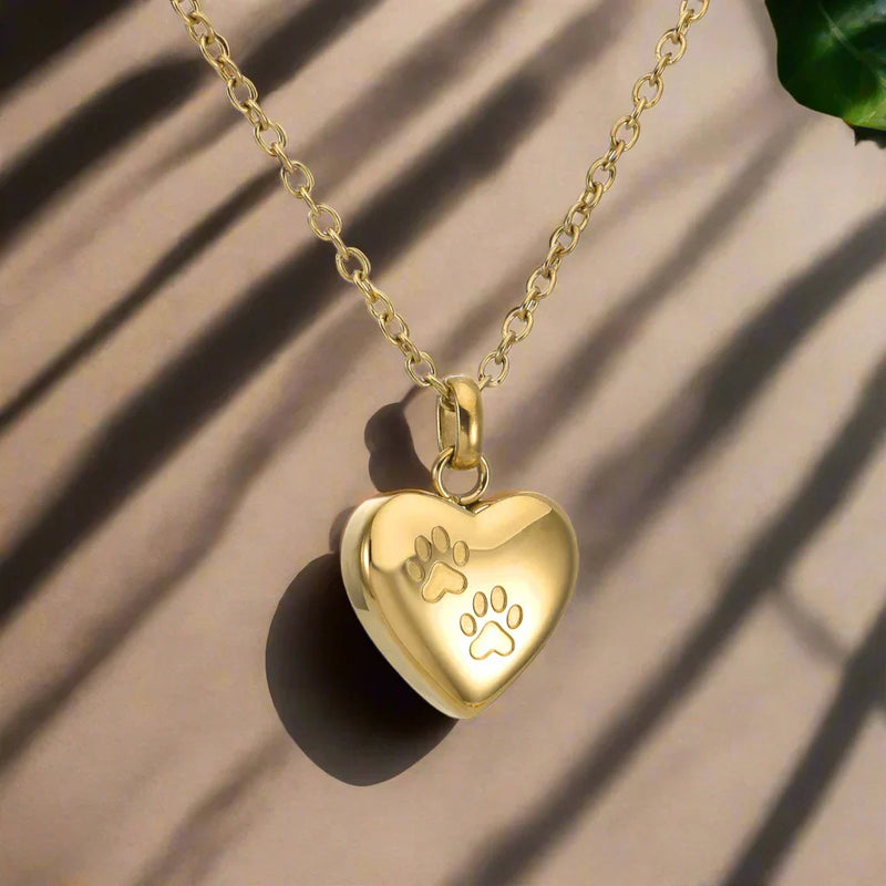 Heart-Shaped Pet Memorial Urn Necklace with Engraved Paw Print