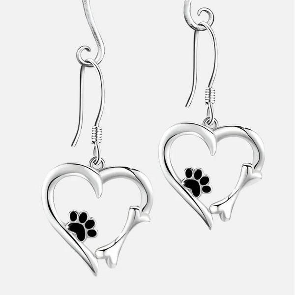 Heart & Paw Design Silver Drop Earrings