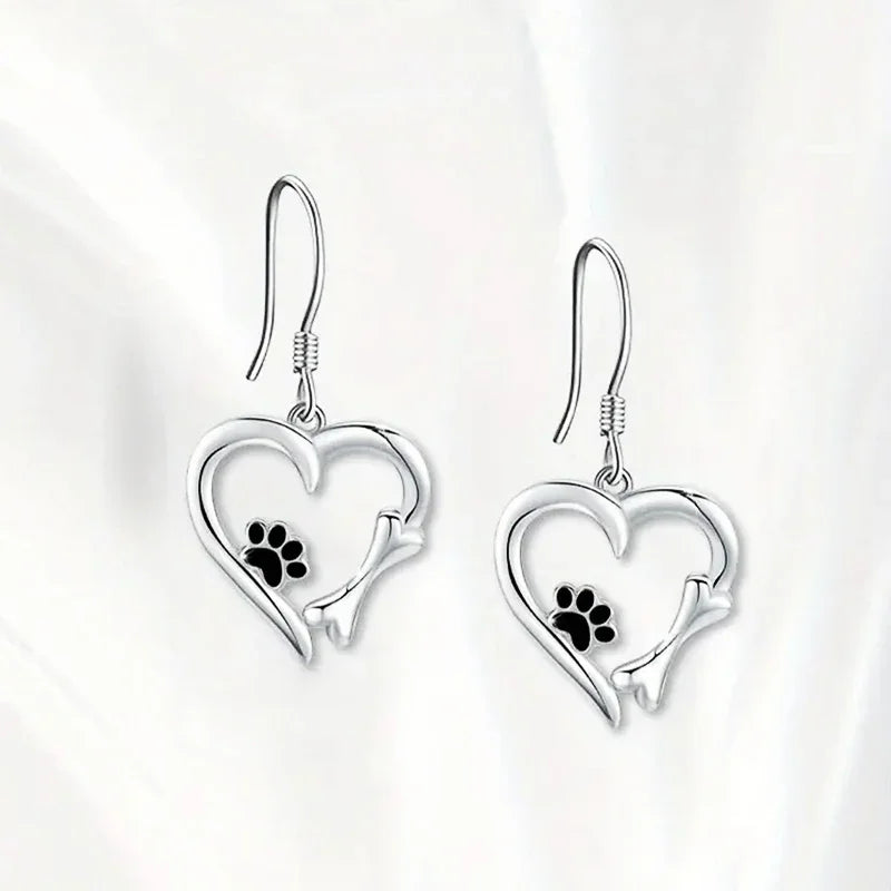 Heart & Paw Design Silver Drop Earrings