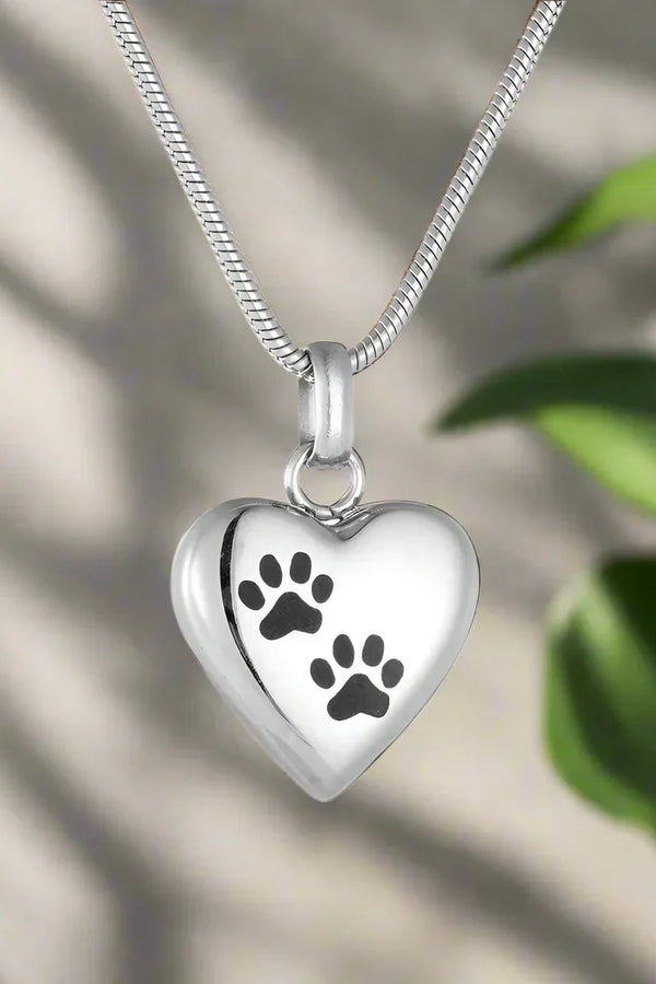Heart-Shaped Pet Memorial Urn Necklace with Engraved Paw Print