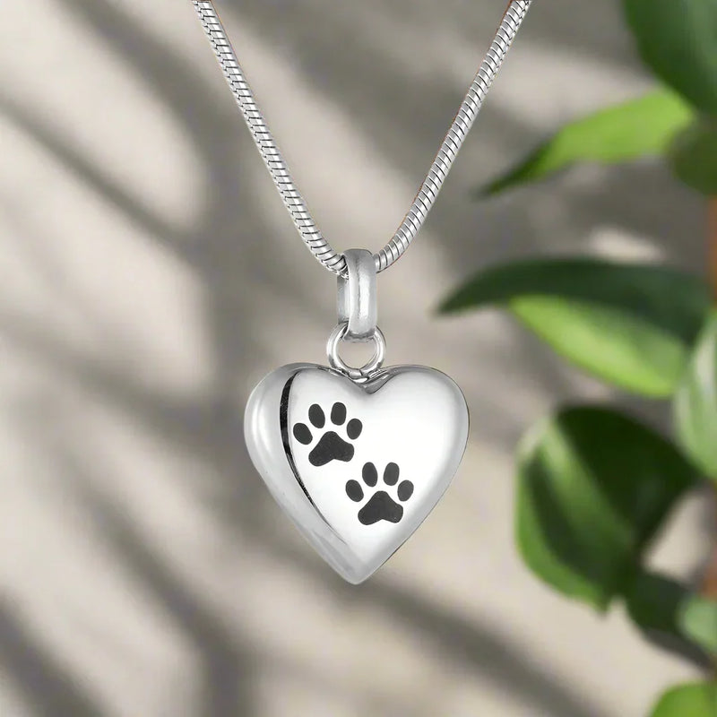 Heart-Shaped Pet Memorial Urn Necklace with Engraved Paw Print