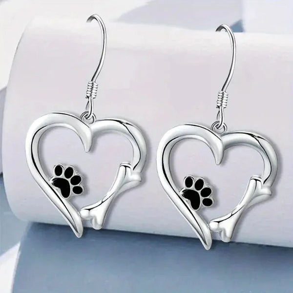 Heart & Paw Design Silver Drop Earrings