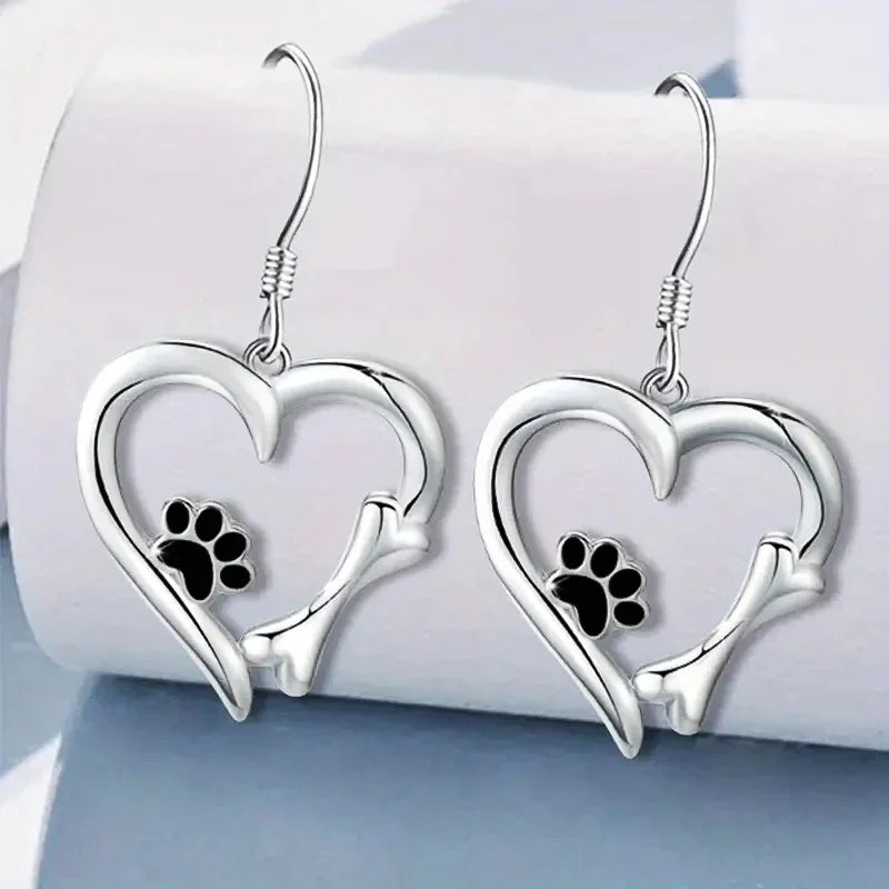 Heart & Paw Design Silver Drop Earrings