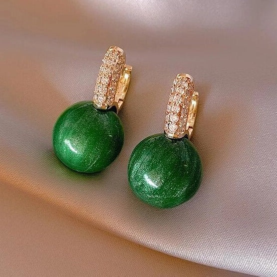 Gold Earrings with Green Pearls and Zirconia Accents