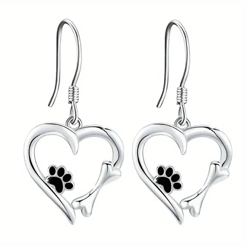 Heart & Paw Design Silver Drop Earrings