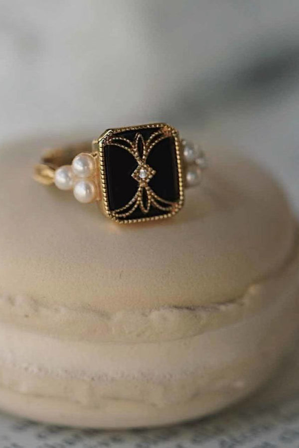 Gold Adjustable Black Enamel Ring Adorned with Pearls