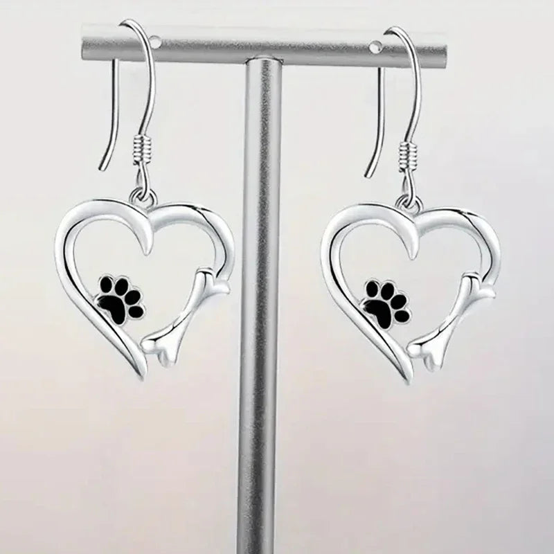 Heart & Paw Design Silver Drop Earrings