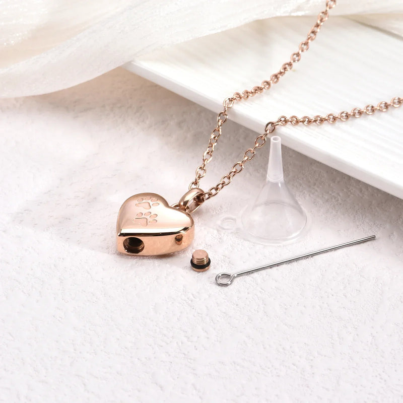 Heart-Shaped Pet Memorial Urn Necklace with Engraved Paw Print