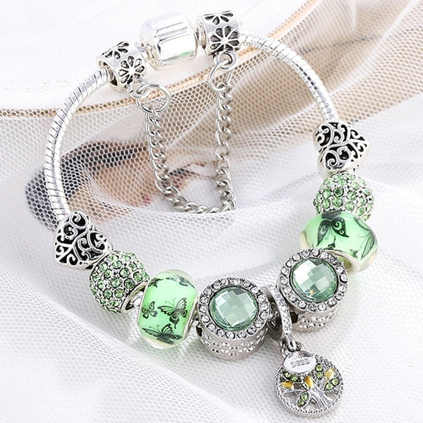 Green Crystal-Embellished Silver Bracelet