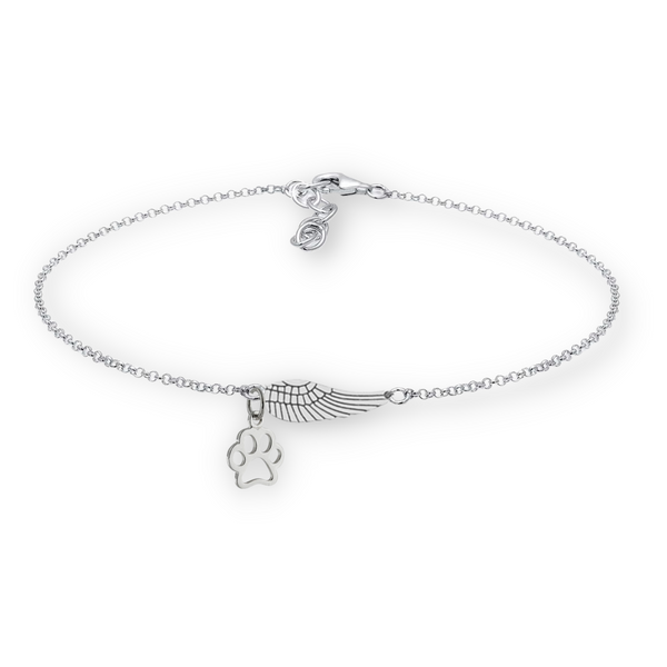 Handcrafted Silver Memorial Bracelet with Angel Wing and Paw Print Design