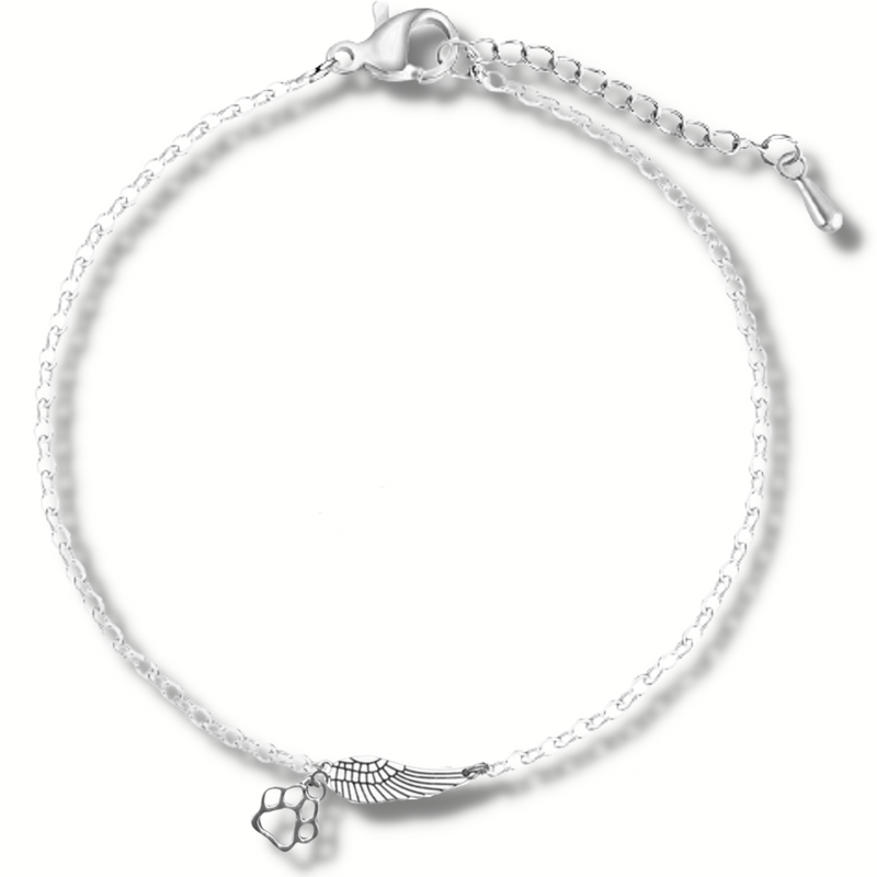 Handcrafted Silver Memorial Bracelet with Angel Wing and Paw Print Design