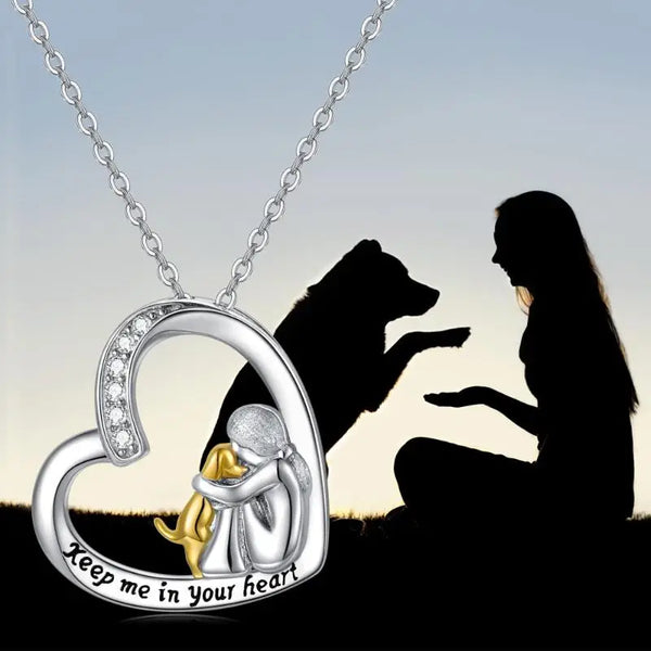 Heart and Dog Design Silver Necklace with Zirconia Accents