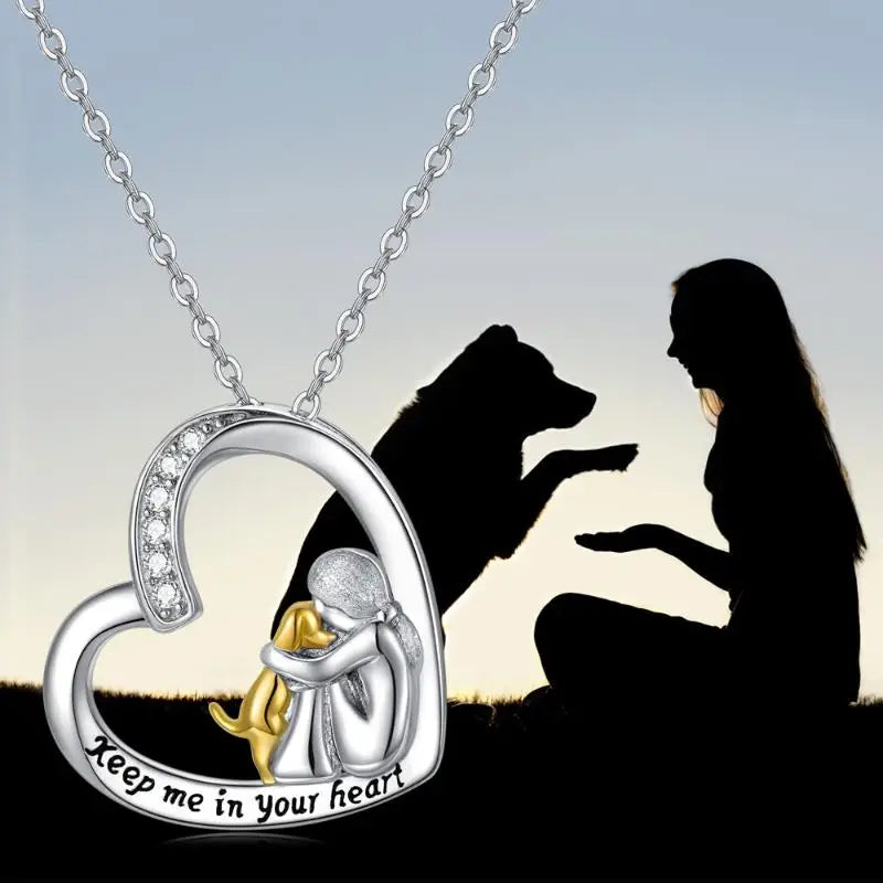 Heart and Dog Design Silver Necklace with Zirconia Accents